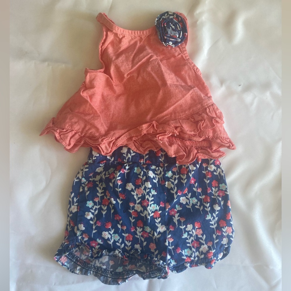 5 for $10 Coral Ruffle Tank with Navy Floral Bubble Shorts Kids Set